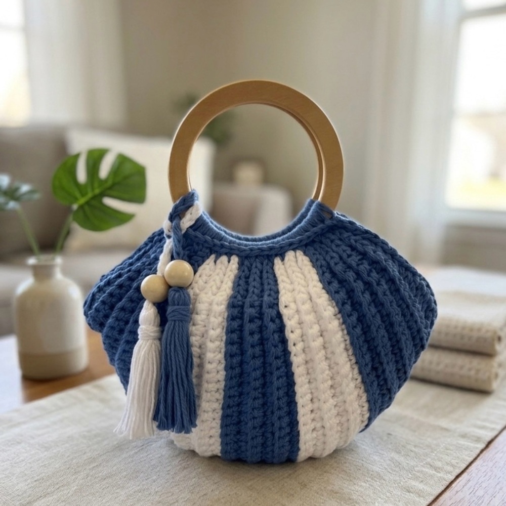 Handmade Blue & White Crochet Tote with Wooden Handles